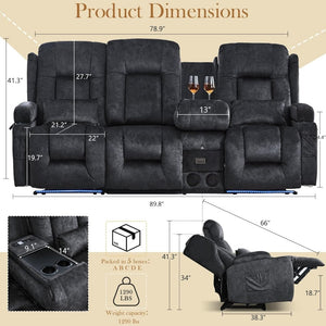 TUNYI Power Loveseat Recliner Sofa with Massage & Heat Home Theater Seating with Console Electric Recliner RV Sofa with USB/Outlet/Storage/Side Pocket/LED Light/Speaker (Brown, Loveseat) - Wigtrends