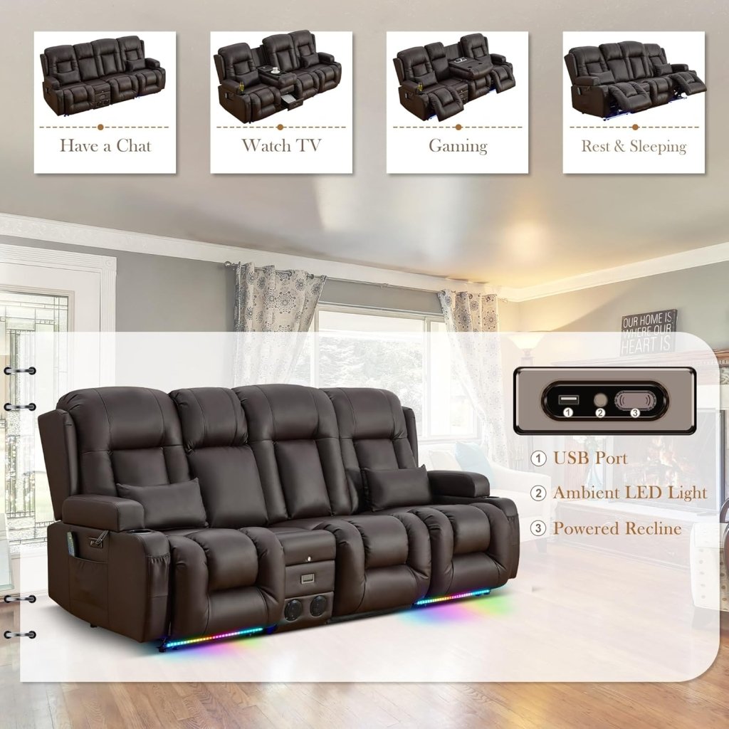 TUNYI Power Loveseat Recliner Sofa with Massage & Heat Home Theater Seating with Console Electric Recliner RV Sofa with USB/Outlet/Storage/Side Pocket/LED Light/Speaker (Brown, Loveseat) - Wigtrends