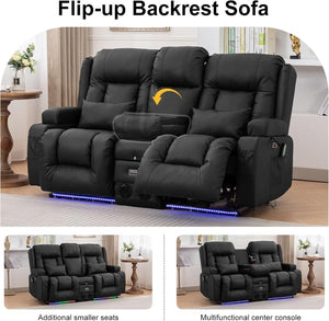 TUNYI Power Loveseat Recliner Sofa with Massage & Heat Home Theater Seating with Console Electric Recliner RV Sofa with USB/Outlet/Storage/Side Pocket/LED Light/Speaker (Brown, Loveseat) - Wigtrends