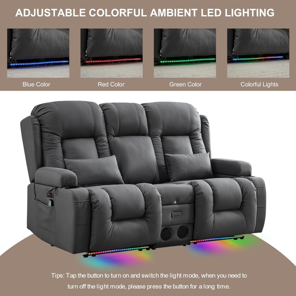 TUNYI Power Loveseat Recliner Sofa with Massage & Heat Home Theater Seating with Console Electric Recliner RV Sofa with USB/Outlet/Storage/Side Pocket/LED Light/Speaker (Brown, Loveseat) - Wigtrends