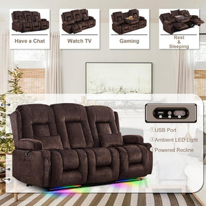 TUNYI Power Loveseat Recliner Sofa with Massage & Heat Home Theater Seating with Console Electric Recliner RV Sofa with USB/Outlet/Storage/Side Pocket/LED Light/Speaker (Brown, Loveseat) - Wigtrends