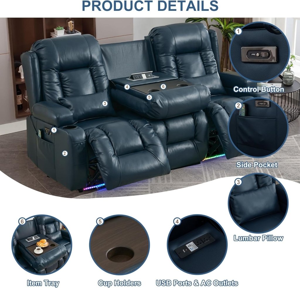 TUNYI Power Loveseat Recliner Sofa with Massage & Heat Home Theater Seating with Console Electric Recliner RV Sofa with USB/Outlet/Storage/Side Pocket/LED Light/Speaker (Brown, Loveseat) - Wigtrends