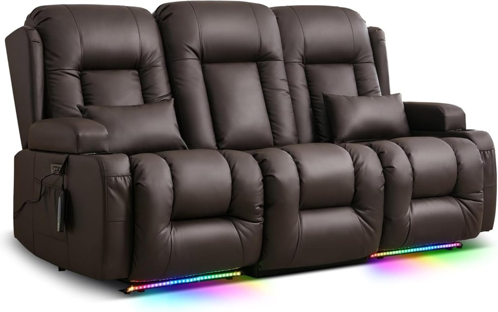 TUNYI Power Loveseat Recliner Sofa with Massage & Heat Home Theater Seating with Console Electric Recliner RV Sofa with USB/Outlet/Storage/Side Pocket/LED Light/Speaker (Brown, Loveseat) - Wigtrends