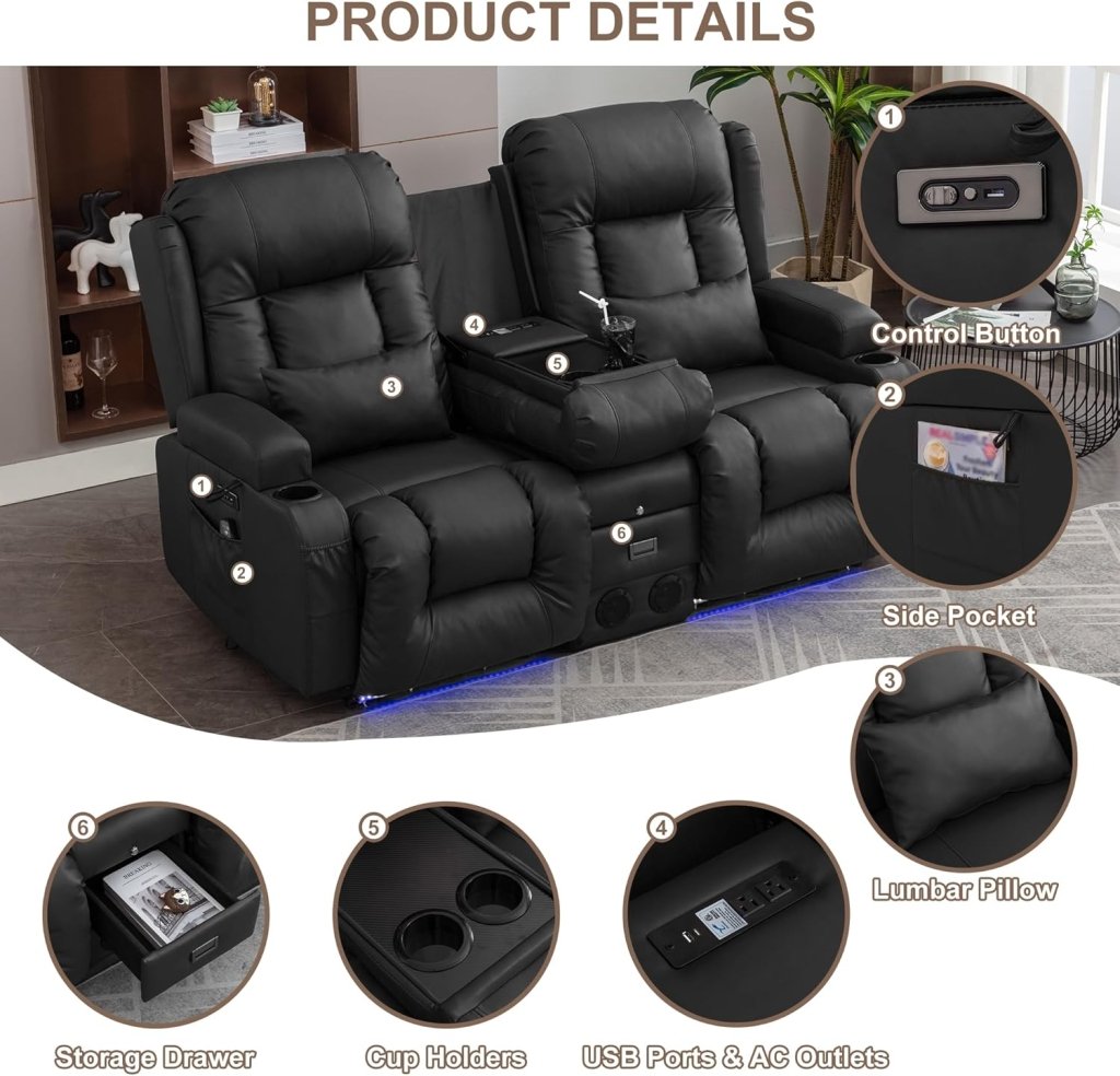TUNYI Power Loveseat Recliner Sofa with Massage & Heat Home Theater Seating with Console Electric Recliner RV Sofa with USB/Outlet/Storage/Side Pocket/LED Light/Speaker (Brown, Loveseat) - Wigtrends