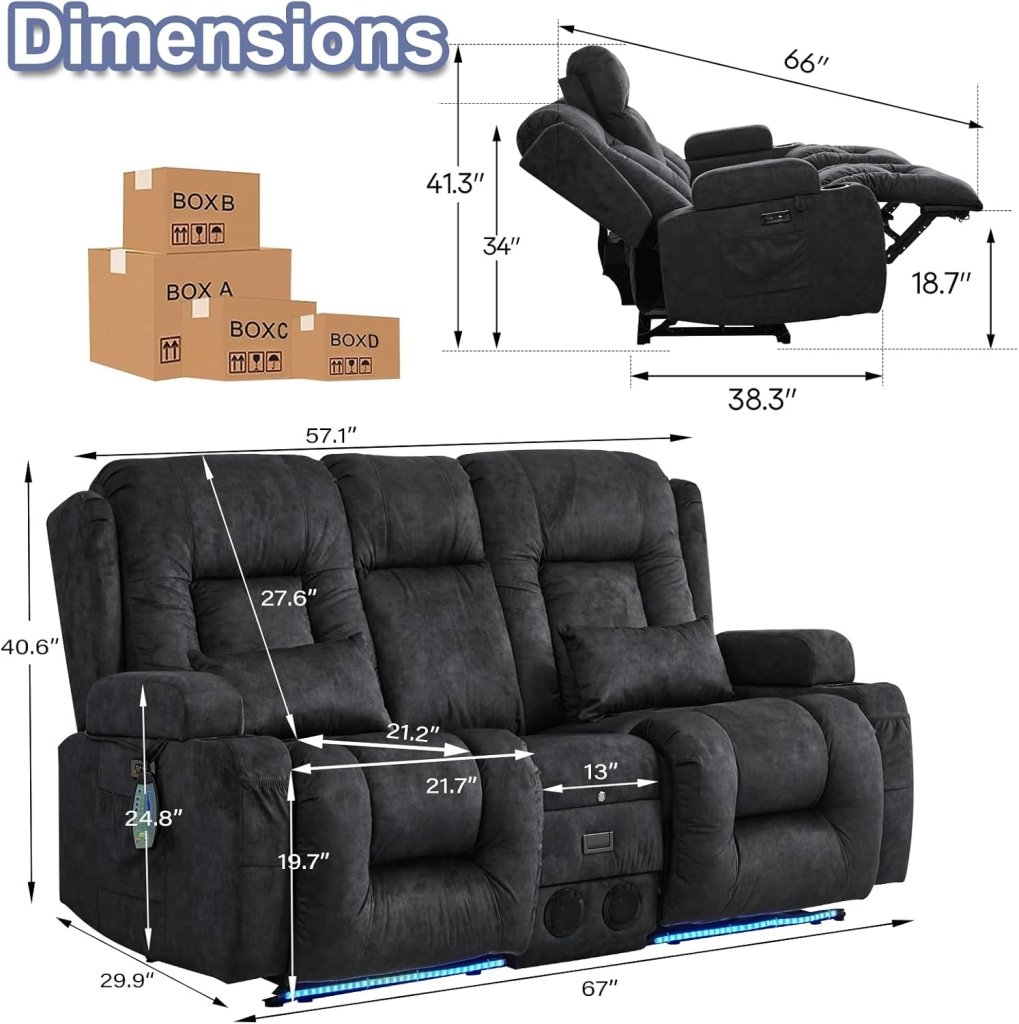 TUNYI Power Loveseat Recliner Sofa with Massage & Heat Home Theater Seating with Console Electric Recliner RV Sofa with USB/Outlet/Storage/Side Pocket/LED Light/Speaker (Brown, Loveseat) - Wigtrends