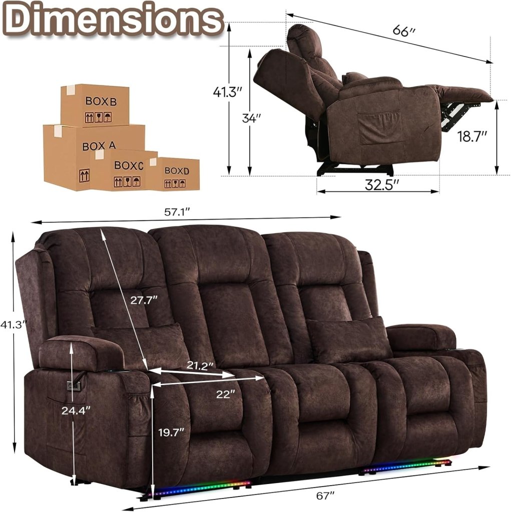 TUNYI Power Loveseat Recliner Sofa with Massage & Heat Home Theater Seating with Console Electric Recliner RV Sofa with USB/Outlet/Storage/Side Pocket/LED Light/Speaker (Brown, Loveseat) - Wigtrends