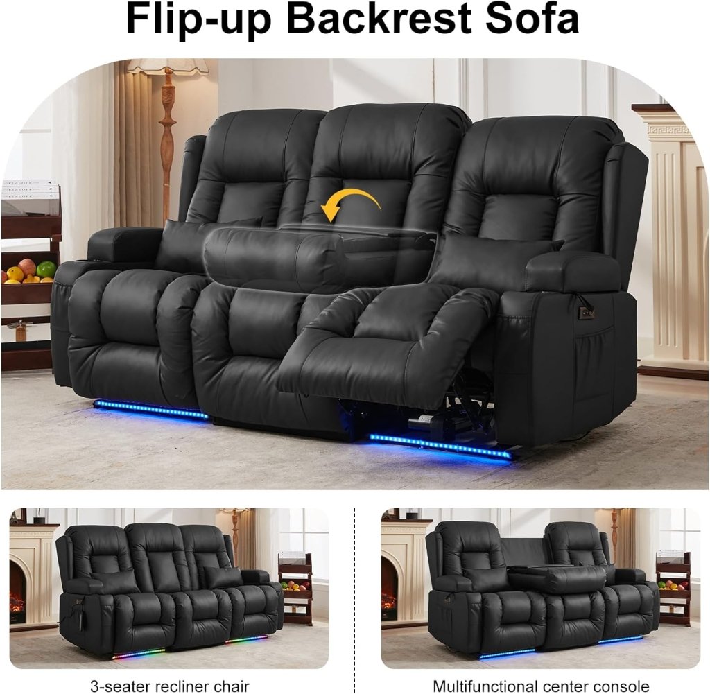 TUNYI Power Loveseat Recliner Sofa with Massage & Heat Home Theater Seating with Console Electric Recliner RV Sofa with USB/Outlet/Storage/Side Pocket/LED Light/Speaker (Brown, Loveseat) - Wigtrends