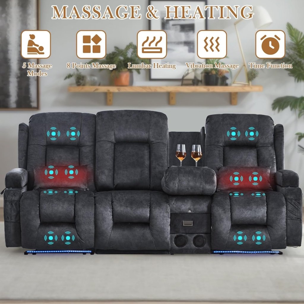 TUNYI Power Loveseat Recliner Sofa with Massage & Heat Home Theater Seating with Console Electric Recliner RV Sofa with USB/Outlet/Storage/Side Pocket/LED Light/Speaker (Brown, Loveseat) - Wigtrends