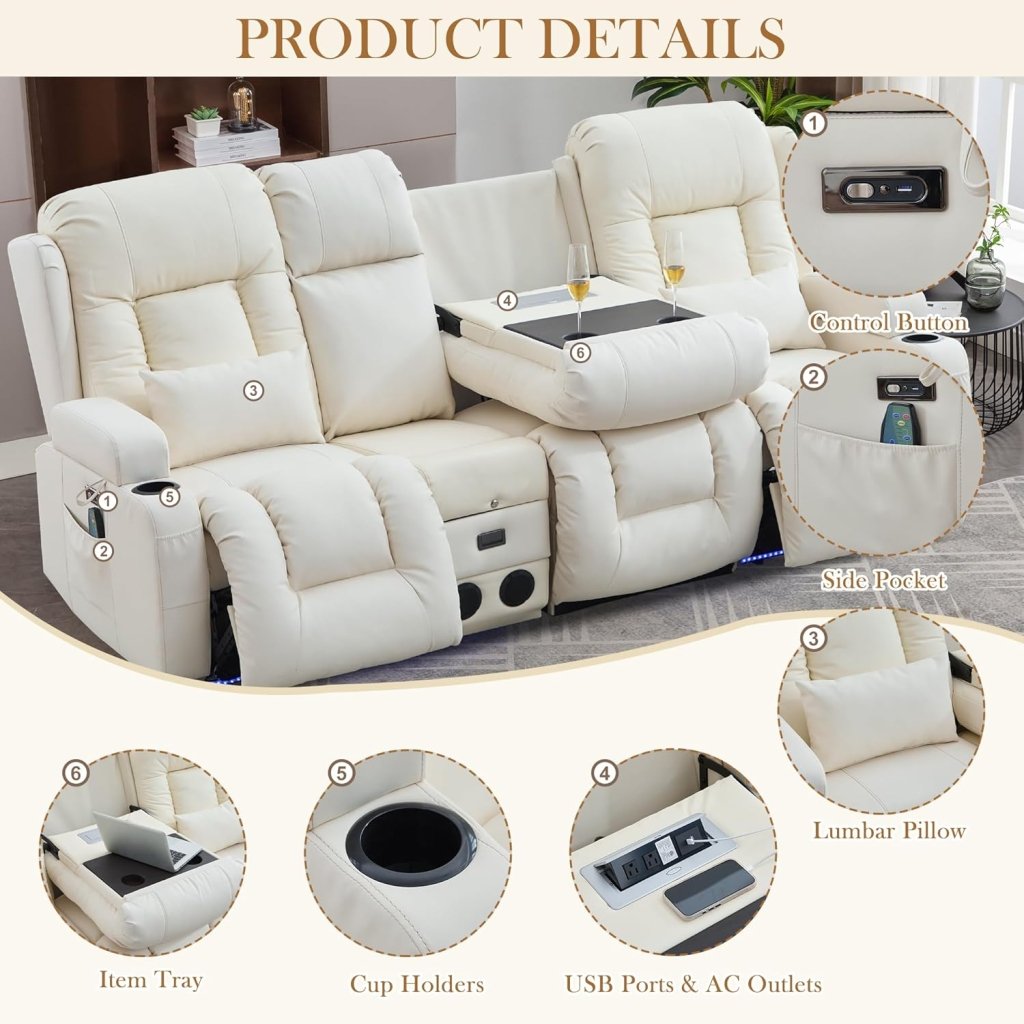 TUNYI Power Loveseat Recliner Sofa with Massage & Heat Home Theater Seating with Console Electric Recliner RV Sofa with USB/Outlet/Storage/Side Pocket/LED Light/Speaker (Brown, Loveseat) - Wigtrends