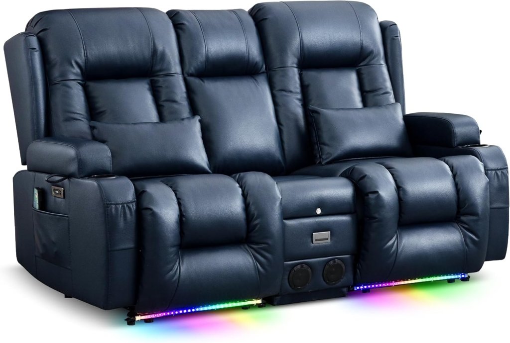 TUNYI Power Loveseat Recliner Sofa with Massage & Heat Home Theater Seating with Console Electric Recliner RV Sofa with USB/Outlet/Storage/Side Pocket/LED Light/Speaker (Brown, Loveseat) - Wigtrends