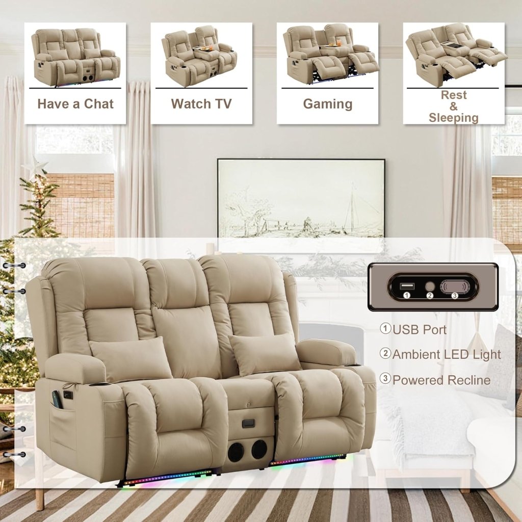TUNYI Power Loveseat Recliner Sofa with Massage & Heat Home Theater Seating with Console Electric Recliner RV Sofa with USB/Outlet/Storage/Side Pocket/LED Light/Speaker (Brown, Loveseat) - Wigtrends