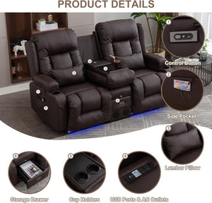 TUNYI Power Loveseat Recliner Sofa with Massage & Heat Home Theater Seating with Console Electric Recliner RV Sofa with USB/Outlet/Storage/Side Pocket/LED Light/Speaker (Brown, Loveseat) - Wigtrends