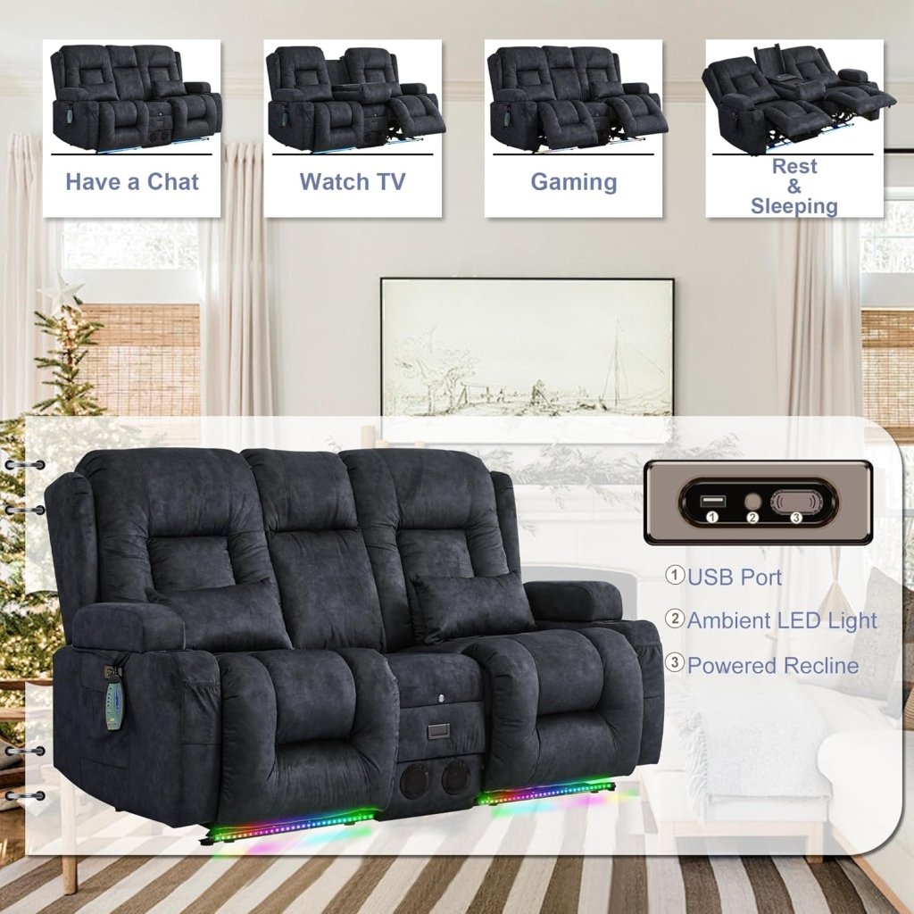 TUNYI Power Loveseat Recliner Sofa with Massage & Heat Home Theater Seating with Console Electric Recliner RV Sofa with USB/Outlet/Storage/Side Pocket/LED Light/Speaker (Brown, Loveseat) - Wigtrends
