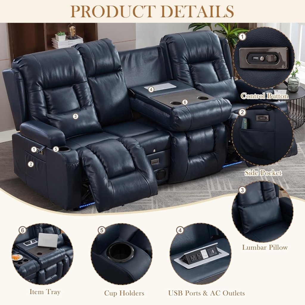 TUNYI Power Loveseat Recliner Sofa with Massage & Heat Home Theater Seating with Console Electric Recliner RV Sofa with USB/Outlet/Storage/Side Pocket/LED Light/Speaker (Brown, Loveseat) - Wigtrends