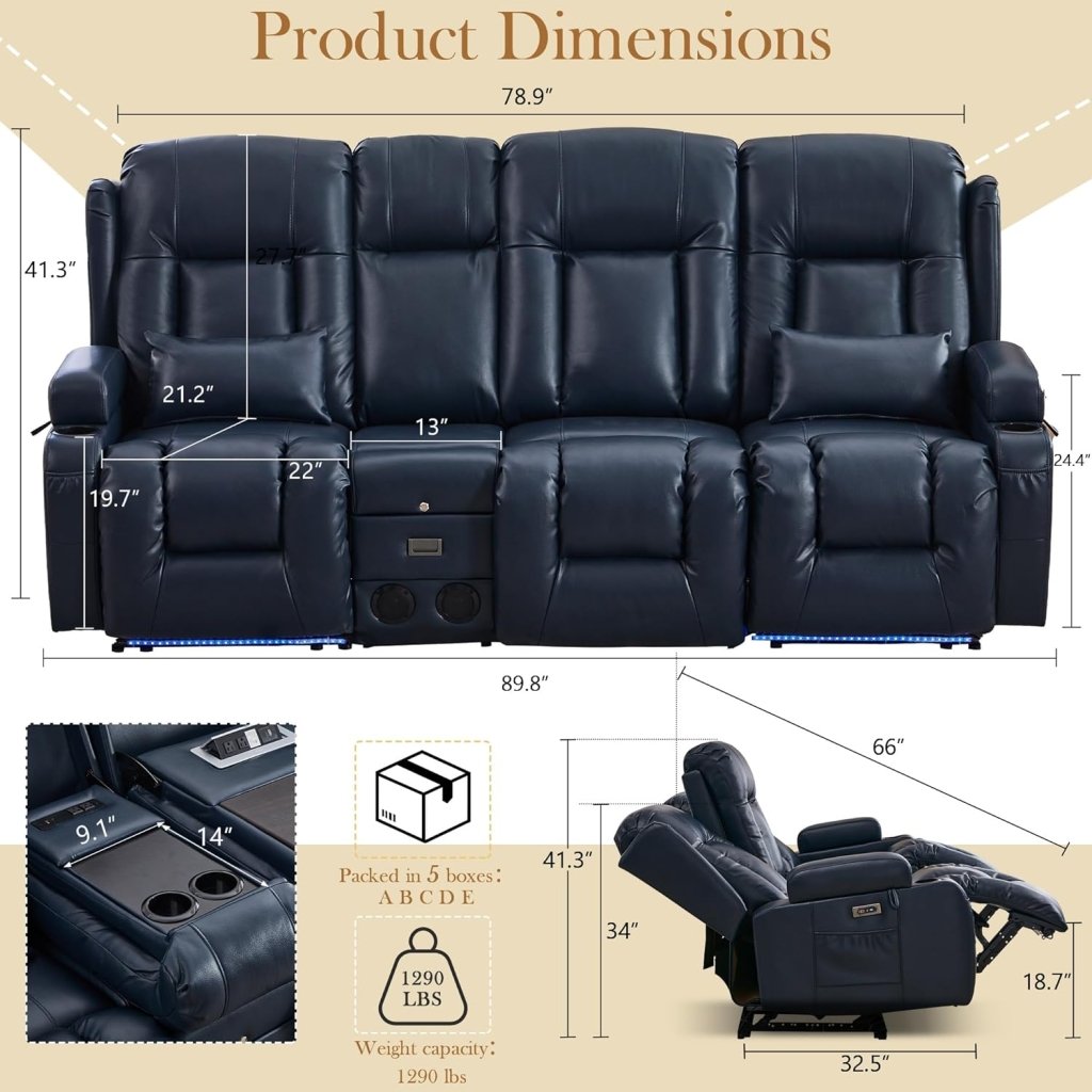TUNYI Power Loveseat Recliner Sofa with Massage & Heat Home Theater Seating with Console Electric Recliner RV Sofa with USB/Outlet/Storage/Side Pocket/LED Light/Speaker (Brown, Loveseat) - Wigtrends