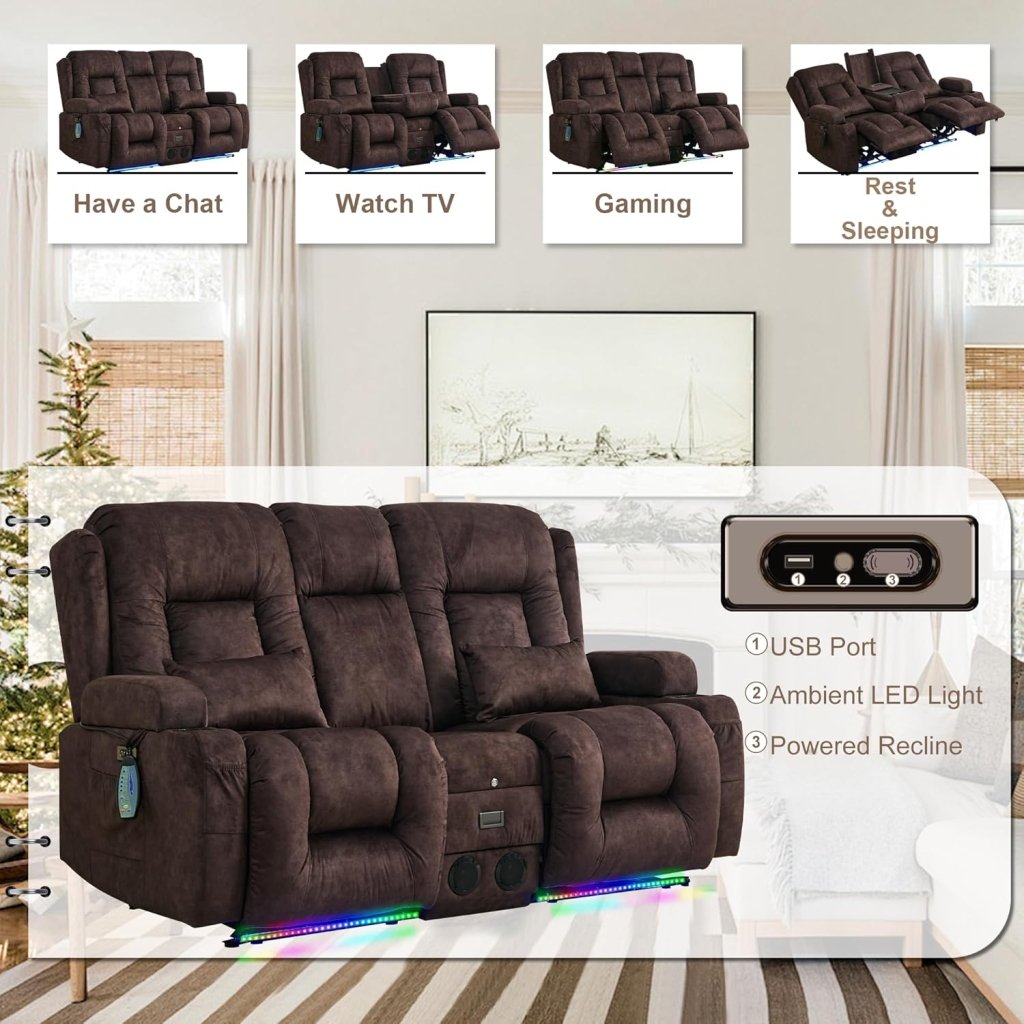 TUNYI Power Loveseat Recliner Sofa with Massage & Heat Home Theater Seating with Console Electric Recliner RV Sofa with USB/Outlet/Storage/Side Pocket/LED Light/Speaker (Brown, Loveseat) - Wigtrends