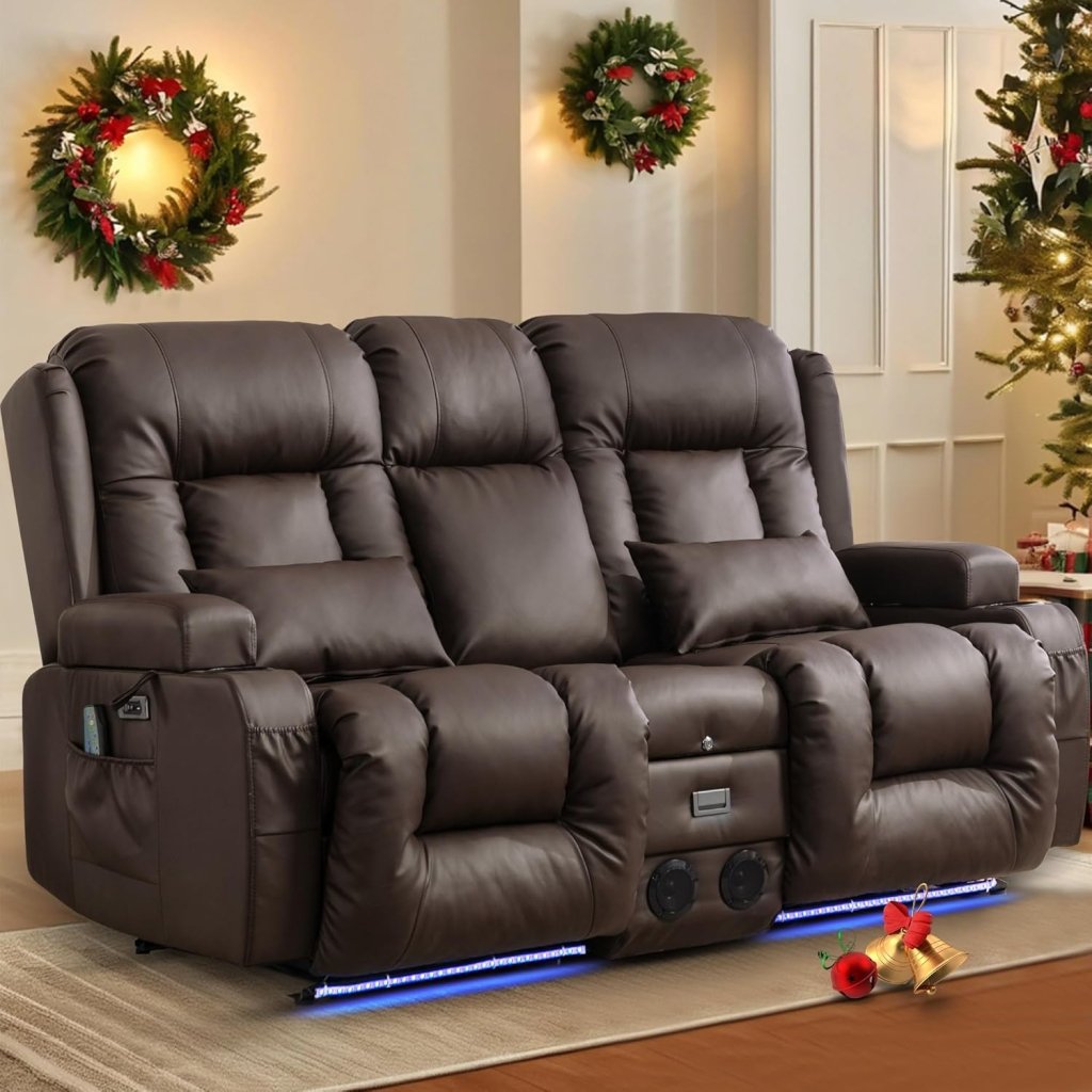 TUNYI Power Loveseat Recliner Sofa with Massage & Heat Home Theater Seating with Console Electric Recliner RV Sofa with USB/Outlet/Storage/Side Pocket/LED Light/Speaker (Brown, Loveseat) - Wigtrends
