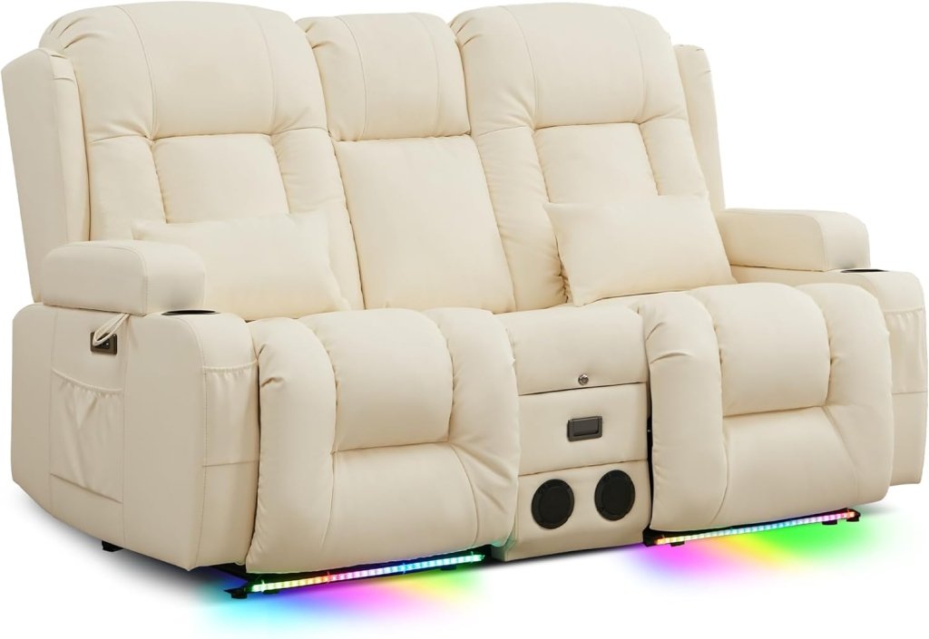 TUNYI Power Loveseat Recliner Sofa with Massage & Heat Home Theater Seating with Console Electric Recliner RV Sofa with USB/Outlet/Storage/Side Pocket/LED Light/Speaker (Brown, Loveseat) - Wigtrends
