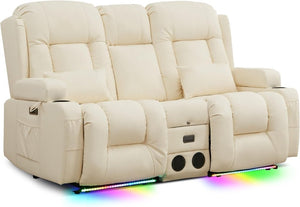 TUNYI Power Loveseat Recliner Sofa with Massage & Heat Home Theater Seating with Console Electric Recliner RV Sofa with USB/Outlet/Storage/Side Pocket/LED Light/Speaker (Brown, Loveseat) - Wigtrends