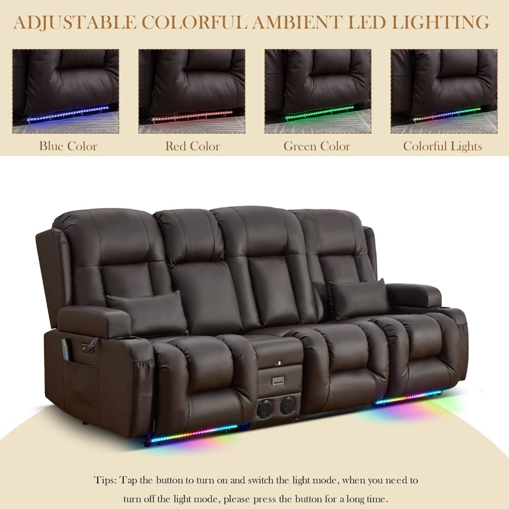 TUNYI Power Loveseat Recliner Sofa with Massage & Heat Home Theater Seating with Console Electric Recliner RV Sofa with USB/Outlet/Storage/Side Pocket/LED Light/Speaker (Brown, Loveseat) - Wigtrends