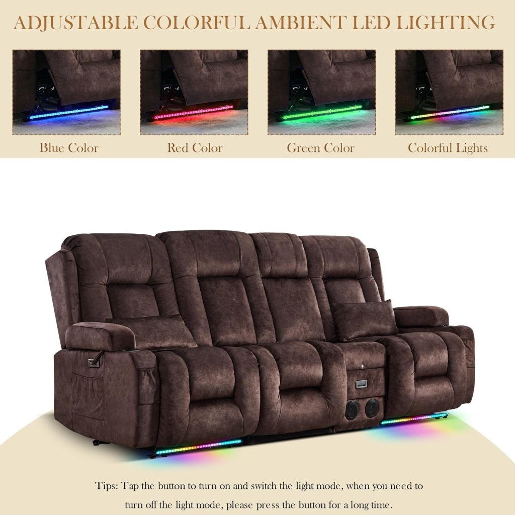 TUNYI Power Loveseat Recliner Sofa with Massage & Heat Home Theater Seating with Console Electric Recliner RV Sofa with USB/Outlet/Storage/Side Pocket/LED Light/Speaker (Brown, Loveseat) - Wigtrends