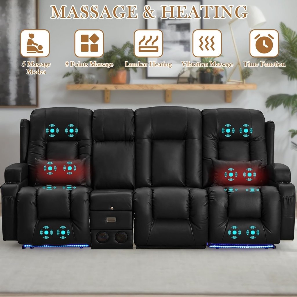 TUNYI Power Loveseat Recliner Sofa with Massage & Heat Home Theater Seating with Console Electric Recliner RV Sofa with USB/Outlet/Storage/Side Pocket/LED Light/Speaker (Brown, Loveseat) - Wigtrends