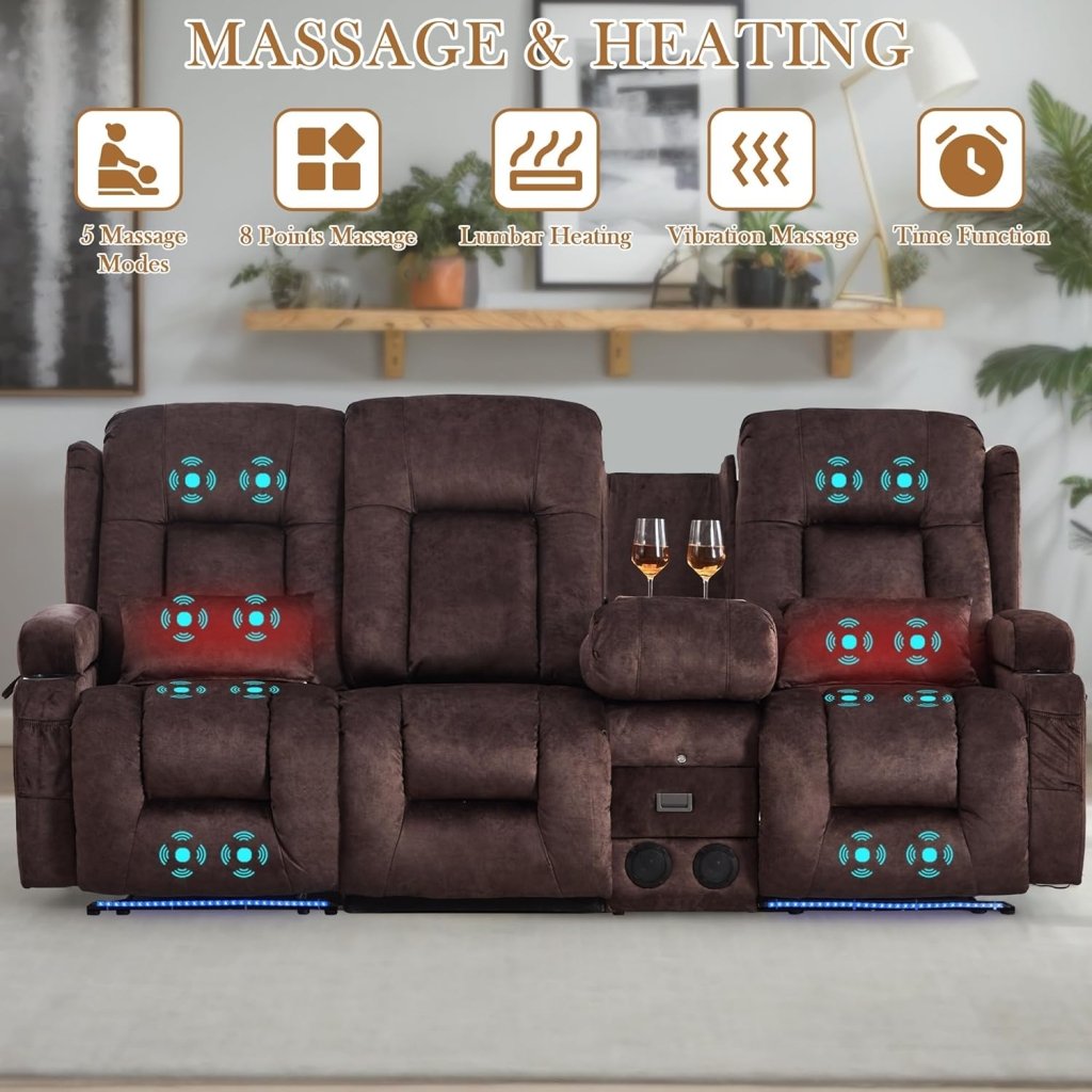 TUNYI Power Loveseat Recliner Sofa with Massage & Heat Home Theater Seating with Console Electric Recliner RV Sofa with USB/Outlet/Storage/Side Pocket/LED Light/Speaker (Brown, Loveseat) - Wigtrends