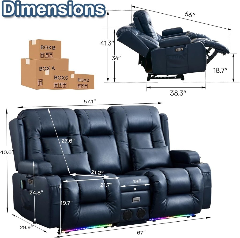 TUNYI Power Loveseat Recliner Sofa with Massage & Heat Home Theater Seating with Console Electric Recliner RV Sofa with USB/Outlet/Storage/Side Pocket/LED Light/Speaker (Brown, Loveseat) - Wigtrends