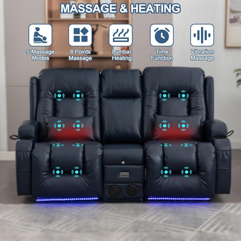 TUNYI Power Loveseat Recliner Sofa with Massage & Heat Home Theater Seating with Console Electric Recliner RV Sofa with USB/Outlet/Storage/Side Pocket/LED Light/Speaker (Brown, Loveseat) - Wigtrends