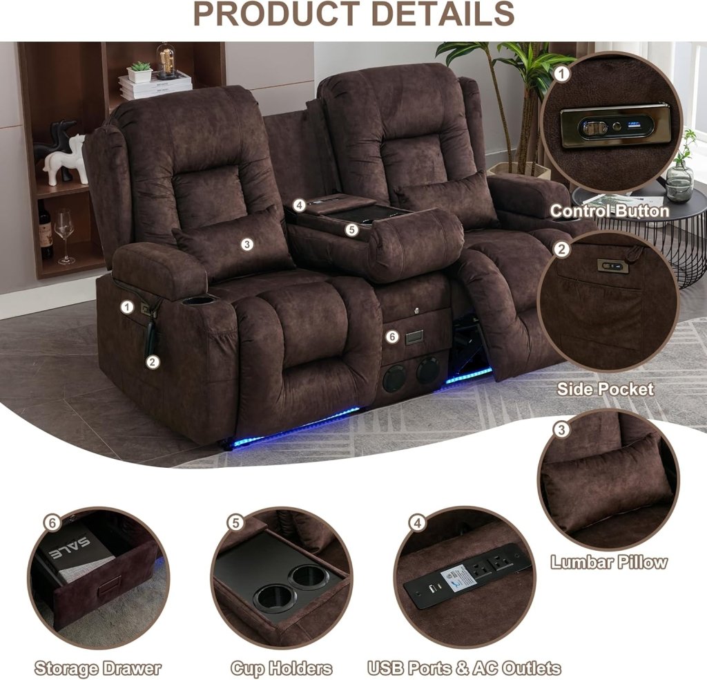 TUNYI Power Loveseat Recliner Sofa with Massage & Heat Home Theater Seating with Console Electric Recliner RV Sofa with USB/Outlet/Storage/Side Pocket/LED Light/Speaker (Brown, Loveseat) - Wigtrends