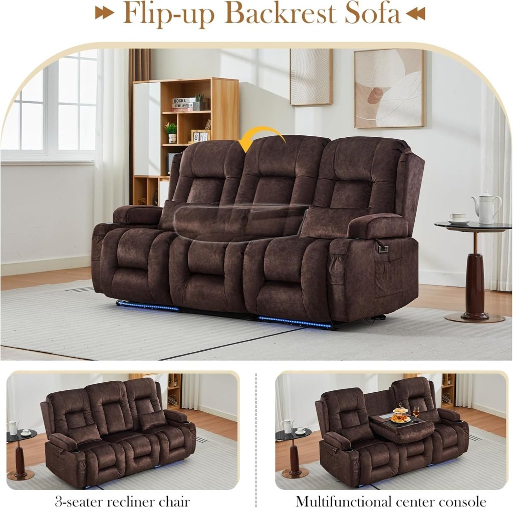 TUNYI Power Loveseat Recliner Sofa with Massage & Heat Home Theater Seating with Console Electric Recliner RV Sofa with USB/Outlet/Storage/Side Pocket/LED Light/Speaker (Brown, Loveseat) - Wigtrends