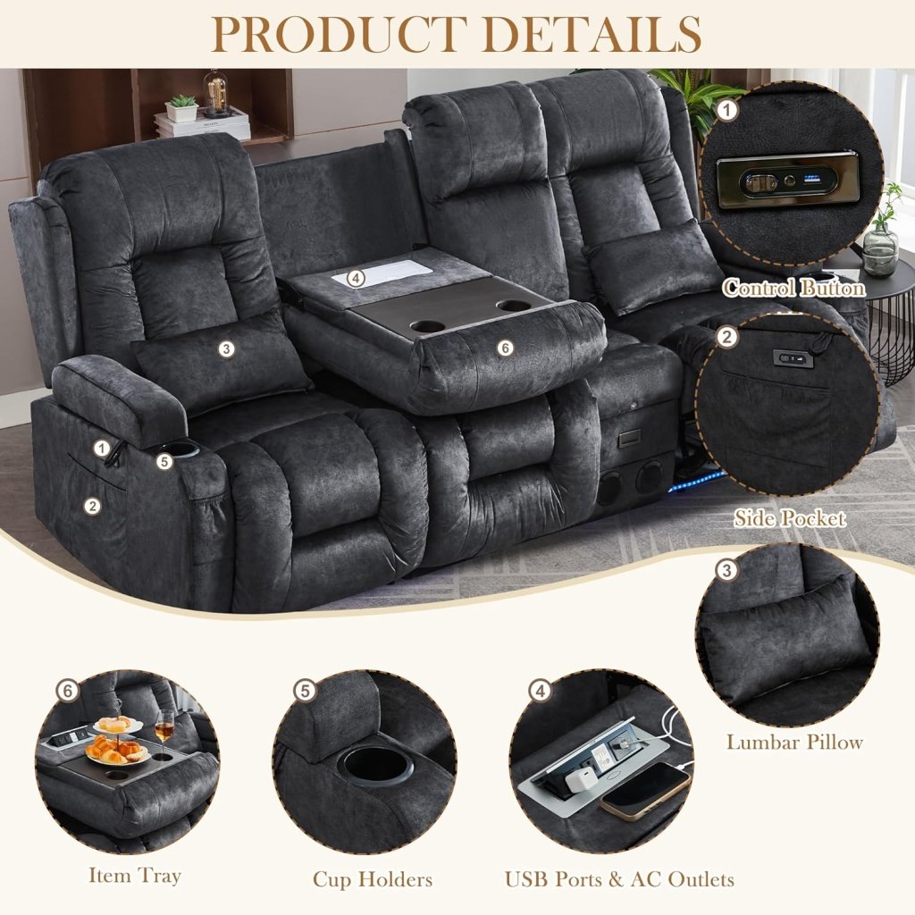 TUNYI Power Loveseat Recliner Sofa with Massage & Heat Home Theater Seating with Console Electric Recliner RV Sofa with USB/Outlet/Storage/Side Pocket/LED Light/Speaker (Brown, Loveseat) - Wigtrends