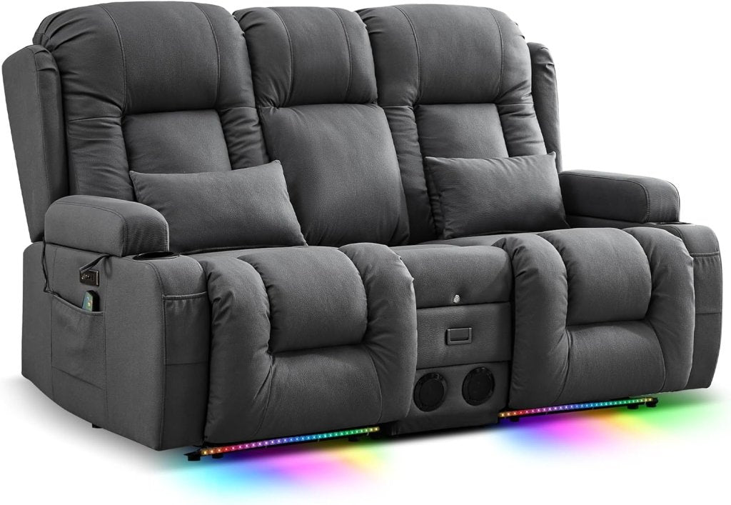 TUNYI Power Loveseat Recliner Sofa with Massage & Heat Home Theater Seating with Console Electric Recliner RV Sofa with USB/Outlet/Storage/Side Pocket/LED Light/Speaker (Brown, Loveseat) - Wigtrends