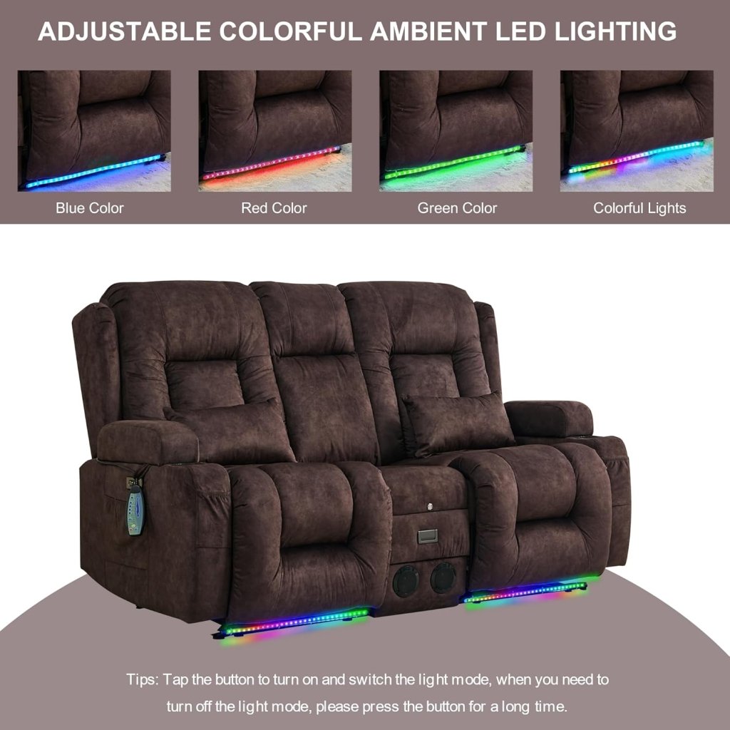 TUNYI Power Loveseat Recliner Sofa with Massage & Heat Home Theater Seating with Console Electric Recliner RV Sofa with USB/Outlet/Storage/Side Pocket/LED Light/Speaker (Brown, Loveseat) - Wigtrends