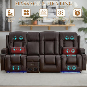 TUNYI Power Loveseat Recliner Sofa with Massage & Heat Home Theater Seating with Console Electric Recliner RV Sofa with USB/Outlet/Storage/Side Pocket/LED Light/Speaker (Brown, Loveseat) - Wigtrends