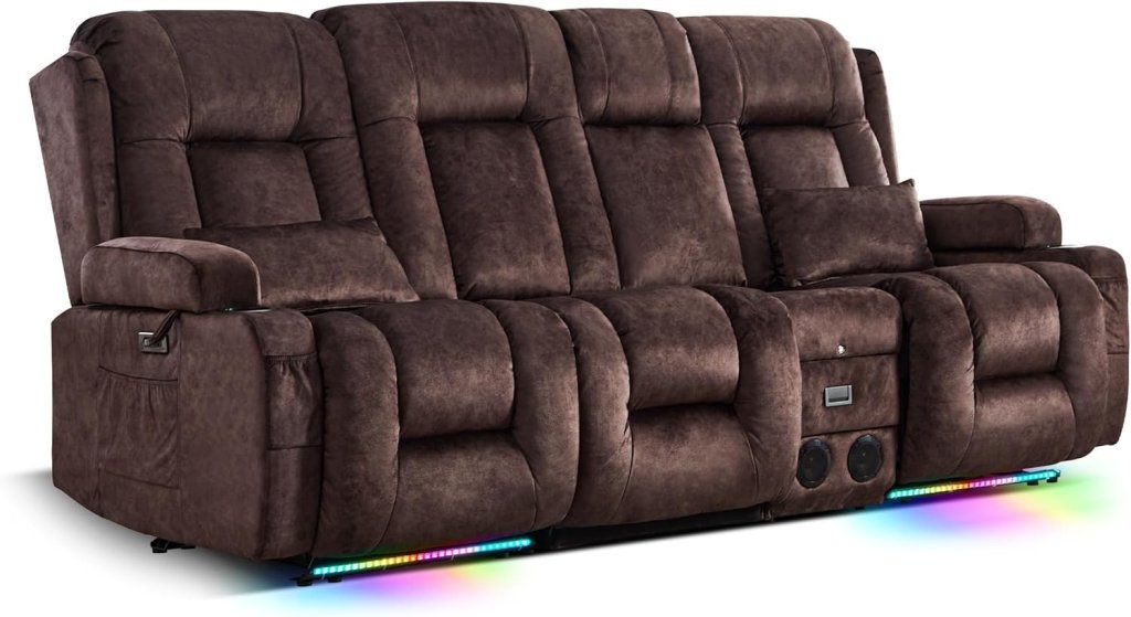 TUNYI Power Loveseat Recliner Sofa with Massage & Heat Home Theater Seating with Console Electric Recliner RV Sofa with USB/Outlet/Storage/Side Pocket/LED Light/Speaker (Brown, Loveseat) - Wigtrends