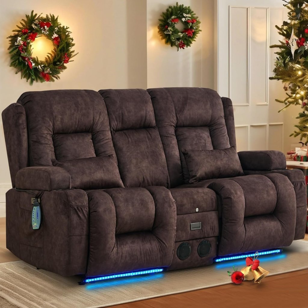 TUNYI Power Loveseat Recliner Sofa with Massage & Heat Home Theater Seating with Console Electric Recliner RV Sofa with USB/Outlet/Storage/Side Pocket/LED Light/Speaker (Brown, Loveseat) - Wigtrends