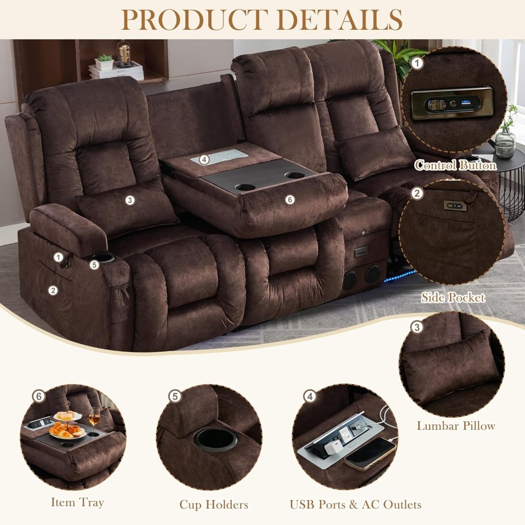 TUNYI Power Loveseat Recliner Sofa with Massage & Heat Home Theater Seating with Console Electric Recliner RV Sofa with USB/Outlet/Storage/Side Pocket/LED Light/Speaker (Brown, Loveseat) - Wigtrends