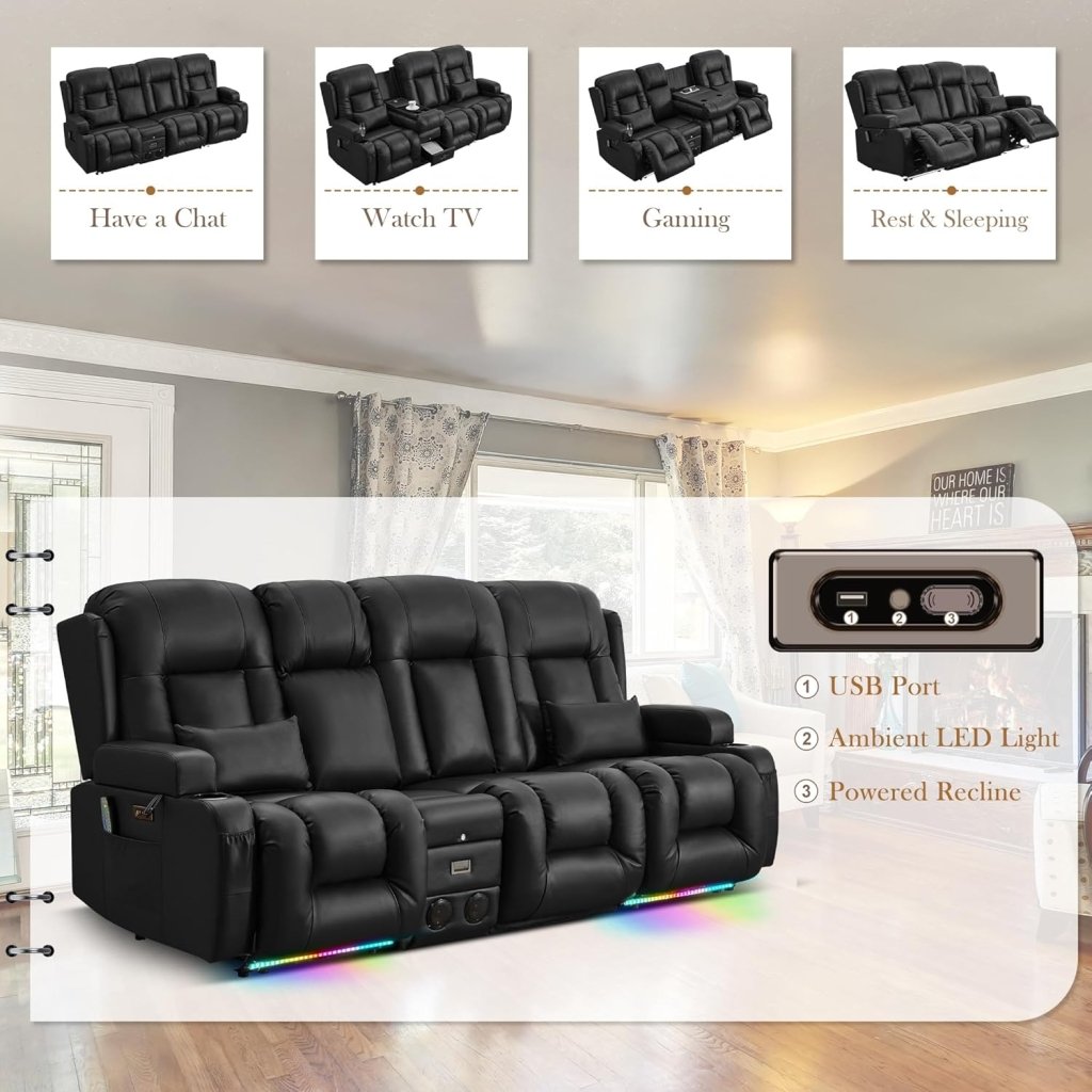 TUNYI Power Loveseat Recliner Sofa with Massage & Heat Home Theater Seating with Console Electric Recliner RV Sofa with USB/Outlet/Storage/Side Pocket/LED Light/Speaker (Brown, Loveseat) - Wigtrends