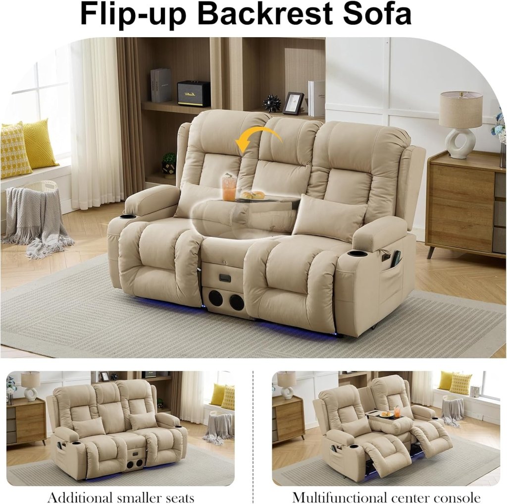 TUNYI Power Loveseat Recliner Sofa with Massage & Heat Home Theater Seating with Console Electric Recliner RV Sofa with USB/Outlet/Storage/Side Pocket/LED Light/Speaker (Brown, Loveseat) - Wigtrends