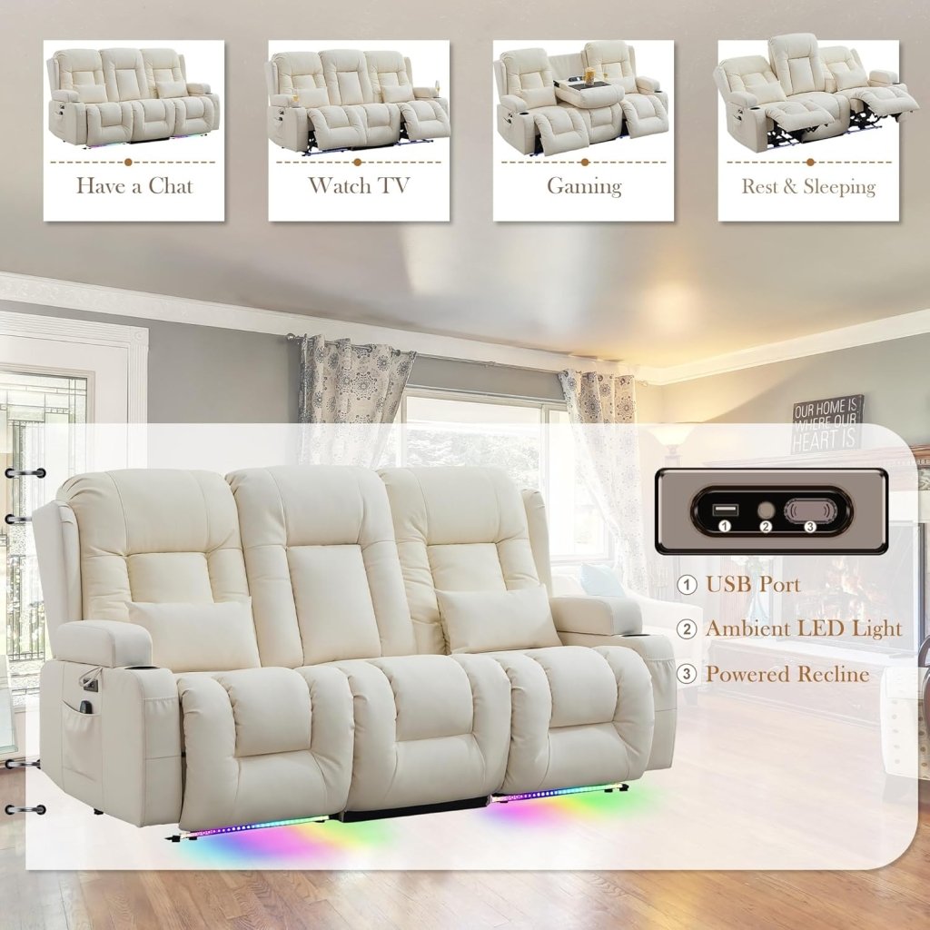 TUNYI Power Loveseat Recliner Sofa with Massage & Heat Home Theater Seating with Console Electric Recliner RV Sofa with USB/Outlet/Storage/Side Pocket/LED Light/Speaker (Brown, Loveseat) - Wigtrends