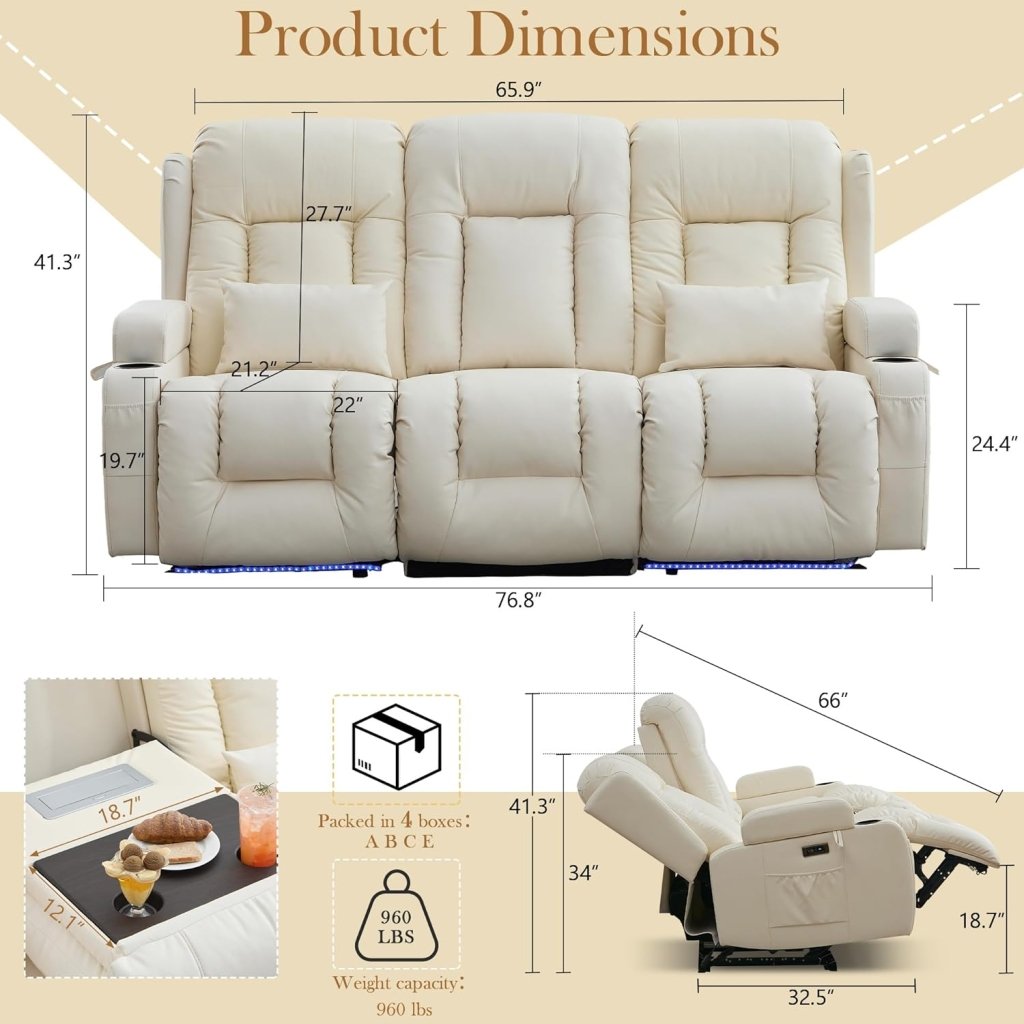 TUNYI Power Loveseat Recliner Sofa with Massage & Heat Home Theater Seating with Console Electric Recliner RV Sofa with USB/Outlet/Storage/Side Pocket/LED Light/Speaker (Brown, Loveseat) - Wigtrends