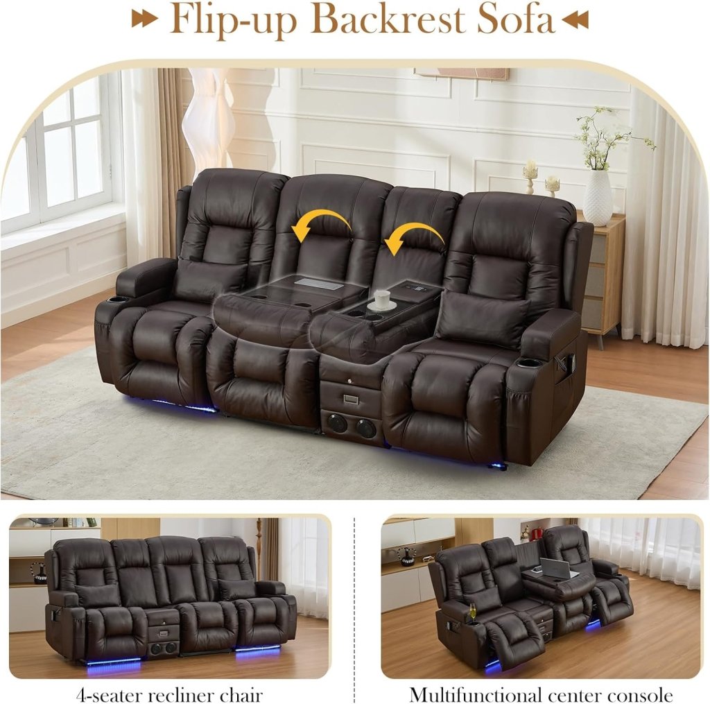 TUNYI Power Loveseat Recliner Sofa with Massage & Heat Home Theater Seating with Console Electric Recliner RV Sofa with USB/Outlet/Storage/Side Pocket/LED Light/Speaker (Brown, Loveseat) - Wigtrends