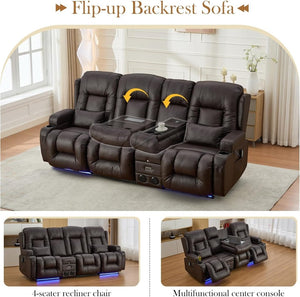 TUNYI Power Loveseat Recliner Sofa with Massage & Heat Home Theater Seating with Console Electric Recliner RV Sofa with USB/Outlet/Storage/Side Pocket/LED Light/Speaker (Brown, Loveseat) - Wigtrends