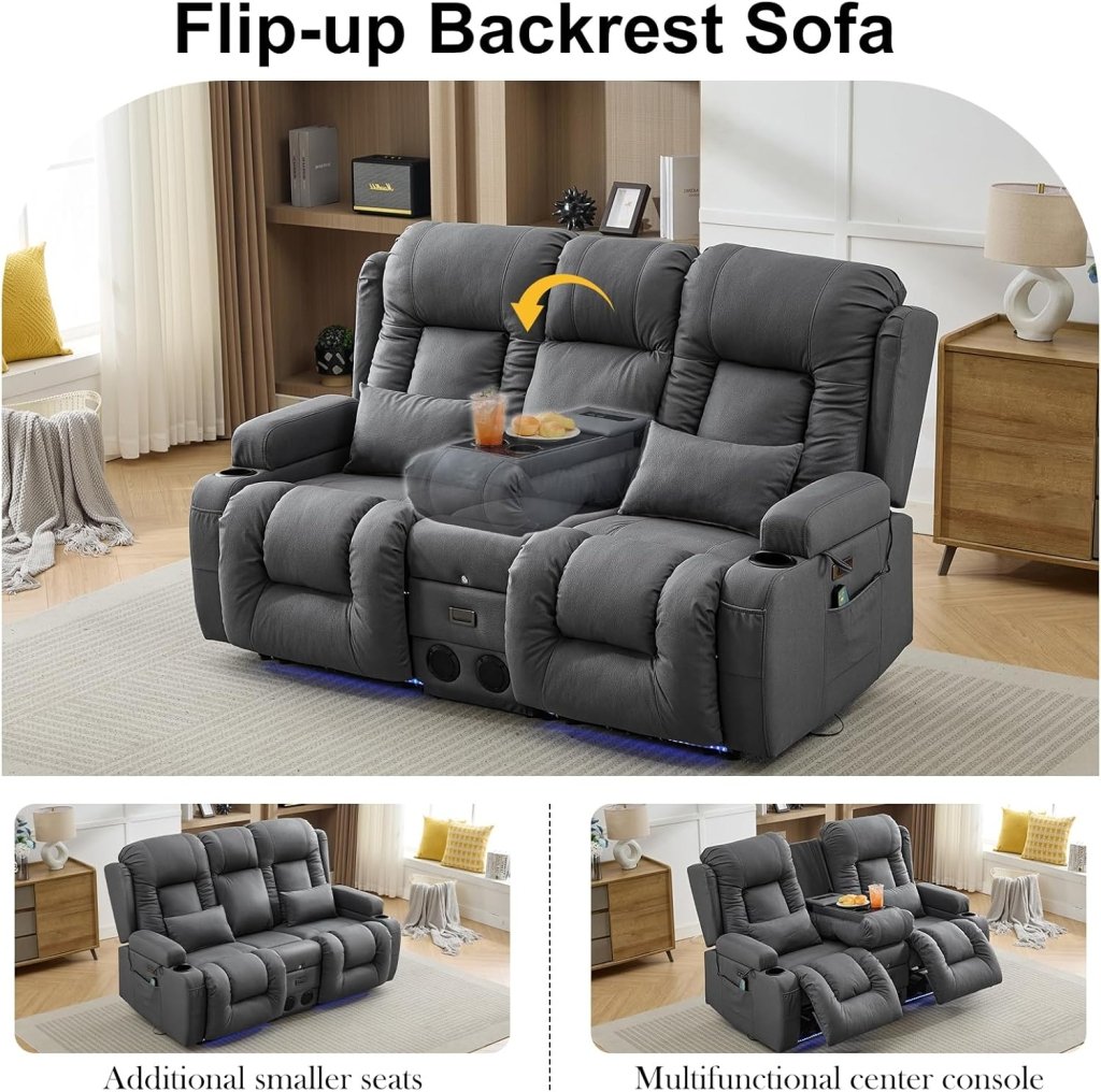 TUNYI Power Loveseat Recliner Sofa with Massage & Heat Home Theater Seating with Console Electric Recliner RV Sofa with USB/Outlet/Storage/Side Pocket/LED Light/Speaker (Brown, Loveseat) - Wigtrends