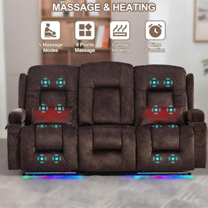 TUNYI Power Loveseat Recliner Sofa with Massage & Heat Home Theater Seating with Console Electric Recliner RV Sofa with USB/Outlet/Storage/Side Pocket/LED Light/Speaker (Brown, Loveseat) - Wigtrends