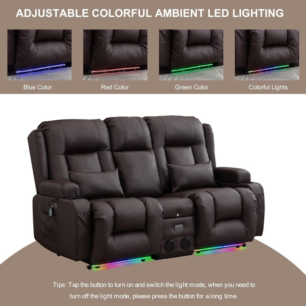 TUNYI Power Loveseat Recliner Sofa with Massage & Heat Home Theater Seating with Console Electric Recliner RV Sofa with USB/Outlet/Storage/Side Pocket/LED Light/Speaker (Brown, Loveseat) - Wigtrends