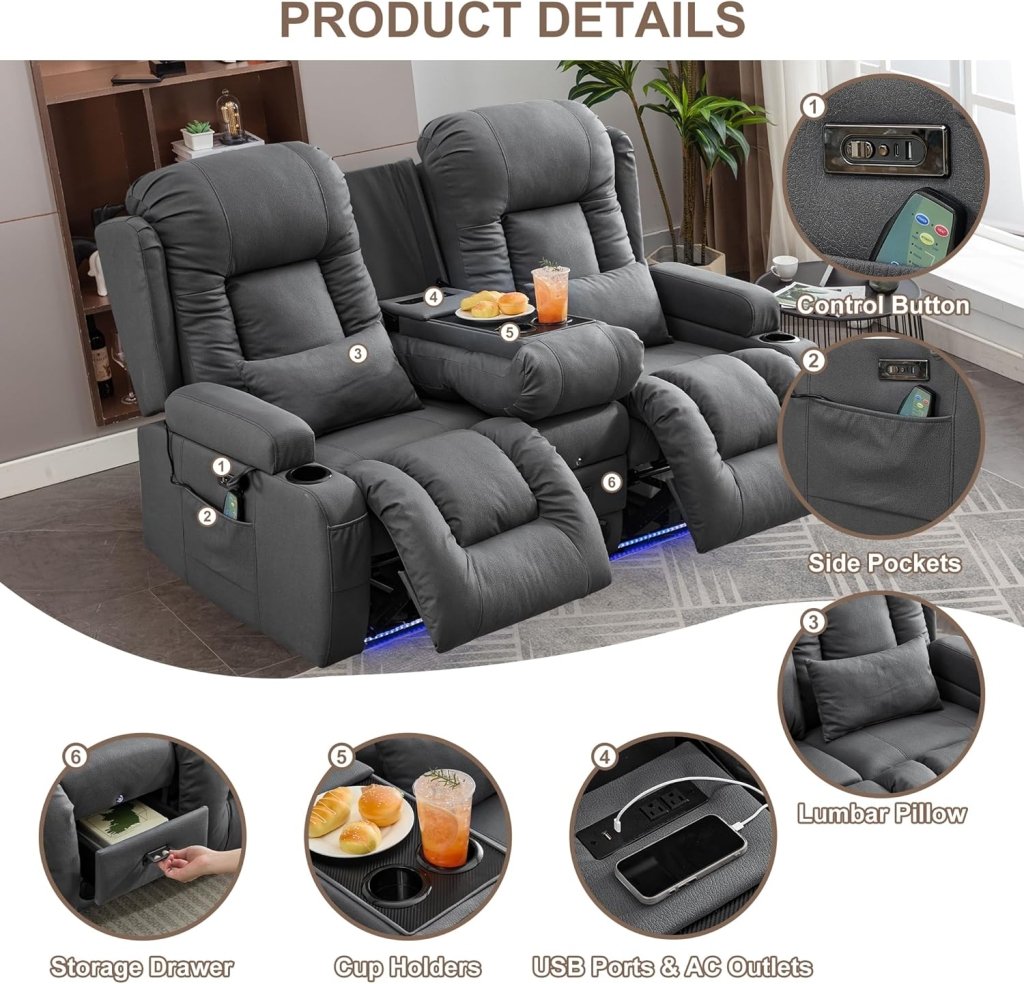 TUNYI Power Loveseat Recliner Sofa with Massage & Heat Home Theater Seating with Console Electric Recliner RV Sofa with USB/Outlet/Storage/Side Pocket/LED Light/Speaker (Brown, Loveseat) - Wigtrends