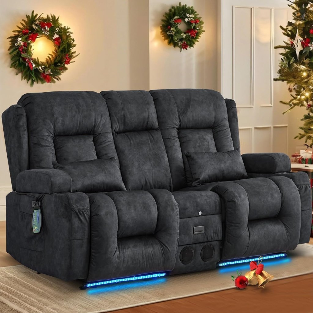 TUNYI Power Loveseat Recliner Sofa with Massage & Heat Home Theater Seating with Console Electric Recliner RV Sofa with USB/Outlet/Storage/Side Pocket/LED Light/Speaker (Brown, Loveseat) - Wigtrends