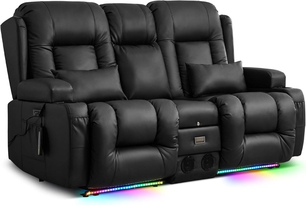 TUNYI Power Loveseat Recliner Sofa with Massage & Heat Home Theater Seating with Console Electric Recliner RV Sofa with USB/Outlet/Storage/Side Pocket/LED Light/Speaker (Brown, Loveseat) - Wigtrends